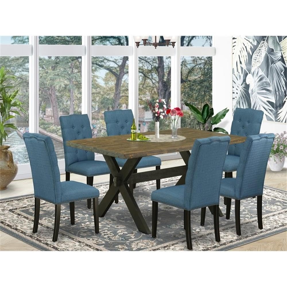 East West Furniture X676El121-7 7 Piece Kitchen Table & Chairs Set Consist Of A Rectangle Dining Room Table With X-Legs And 6 Blue Linen Fabric Parsons Chairs, 36X60 Inch, Multi-Color