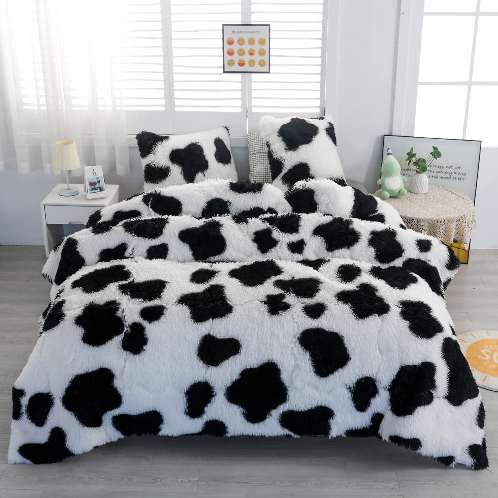 Chovy Faux Fur Plush Tie-Dyed Cow Print Comforter Sets Twin/Full Size - Ultra Soft Shaggy Flannel Velvet Fluffy Fuzzy 3Pc Beddin