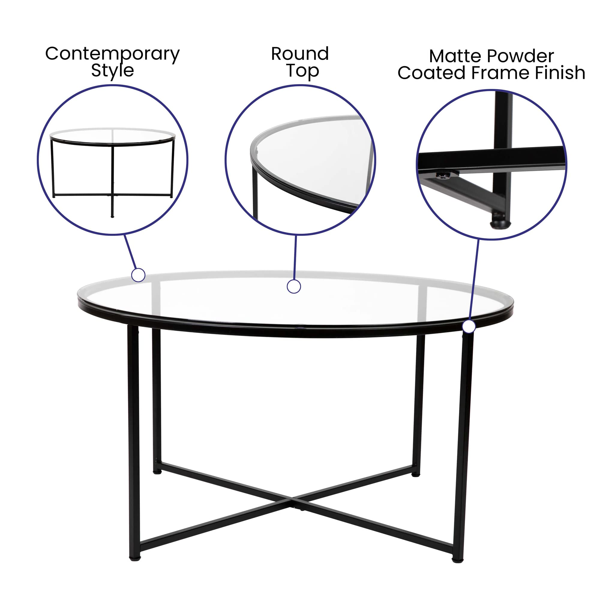 Flash Furniture Greenwich Collection Coffee Table - Modern Clear Glass Coffee Table - Crisscross Matte Black Frame