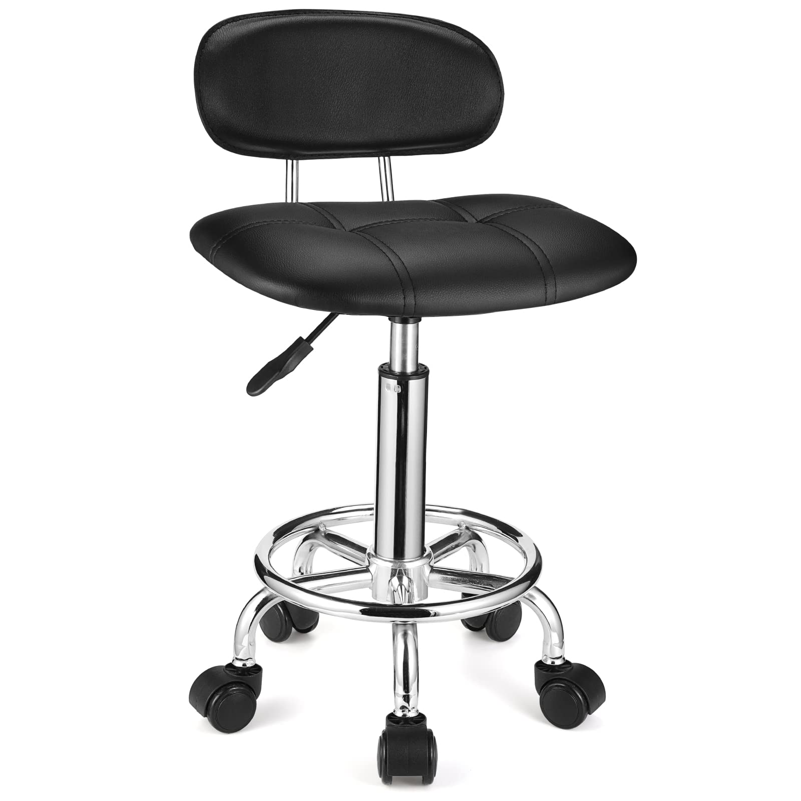 Hmtot Square Rolling Stools With Backrest Height Adjustable Swivel Stool With Wheels Black