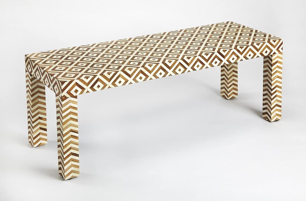 HomeRoots Light Brown Merranti Wood Solids, Bone and Teak Wood Inlays Geo and Chevron Teak and Bone Inlay Bench