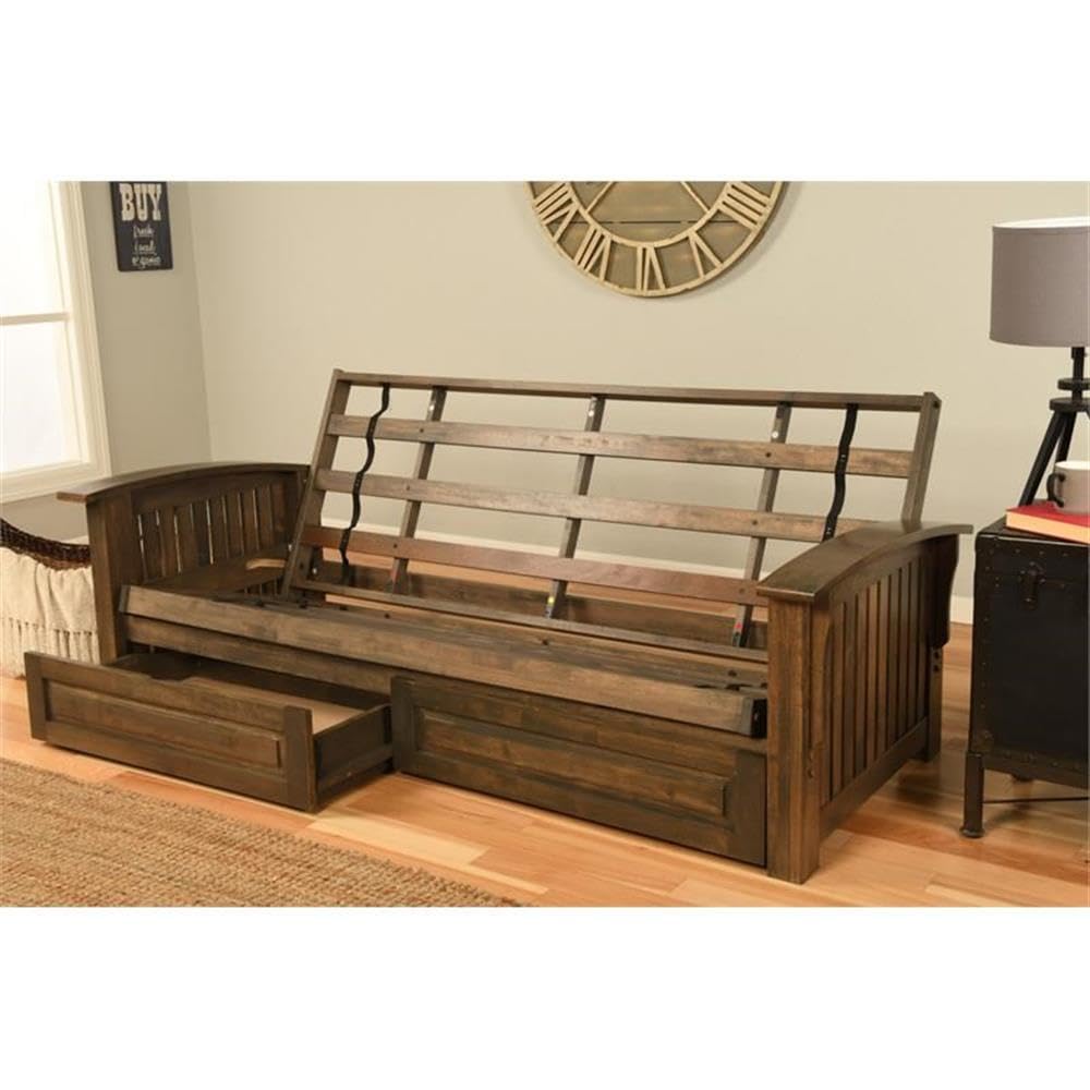 Kodiak Furniture Washington Queen Size Futon Frame with Storage Drawers - Wood Futon Frame with Mattress Included in Gray Color