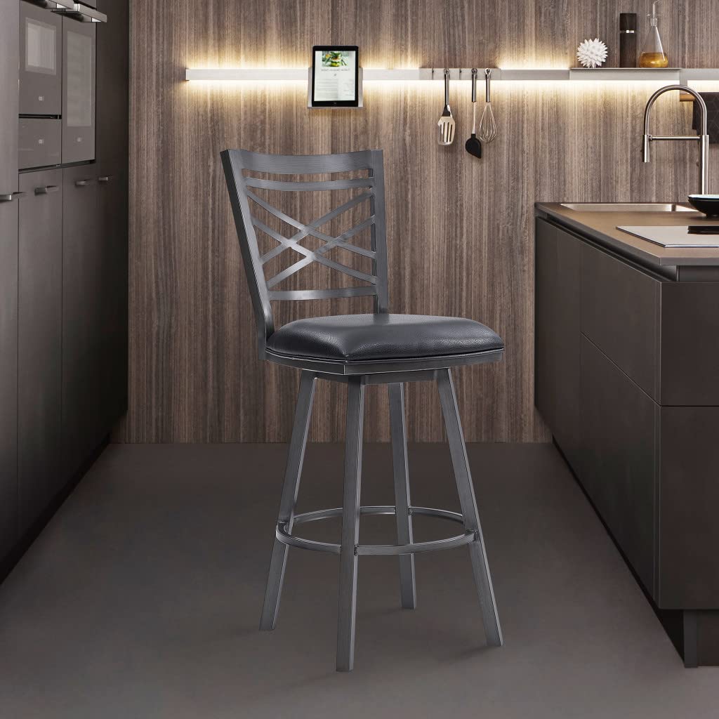 HomeRoots 26' Transitional Black Faux Leather Metal Cross Back Bar Stool
