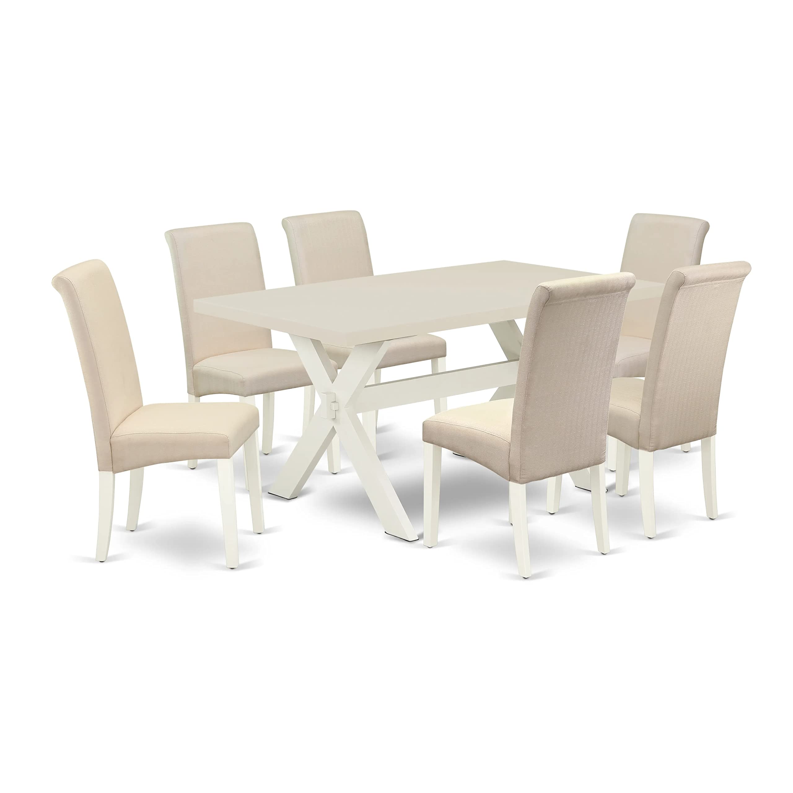 East West Furniture X026Ba201-7 7 Piece Kitchen Table Set Consist Of A Rectangle Dining Table With X-Legs And 6 Cream Linen Fabric Parson Dining Room Chairs, 36X60 Inch, Multi-Color