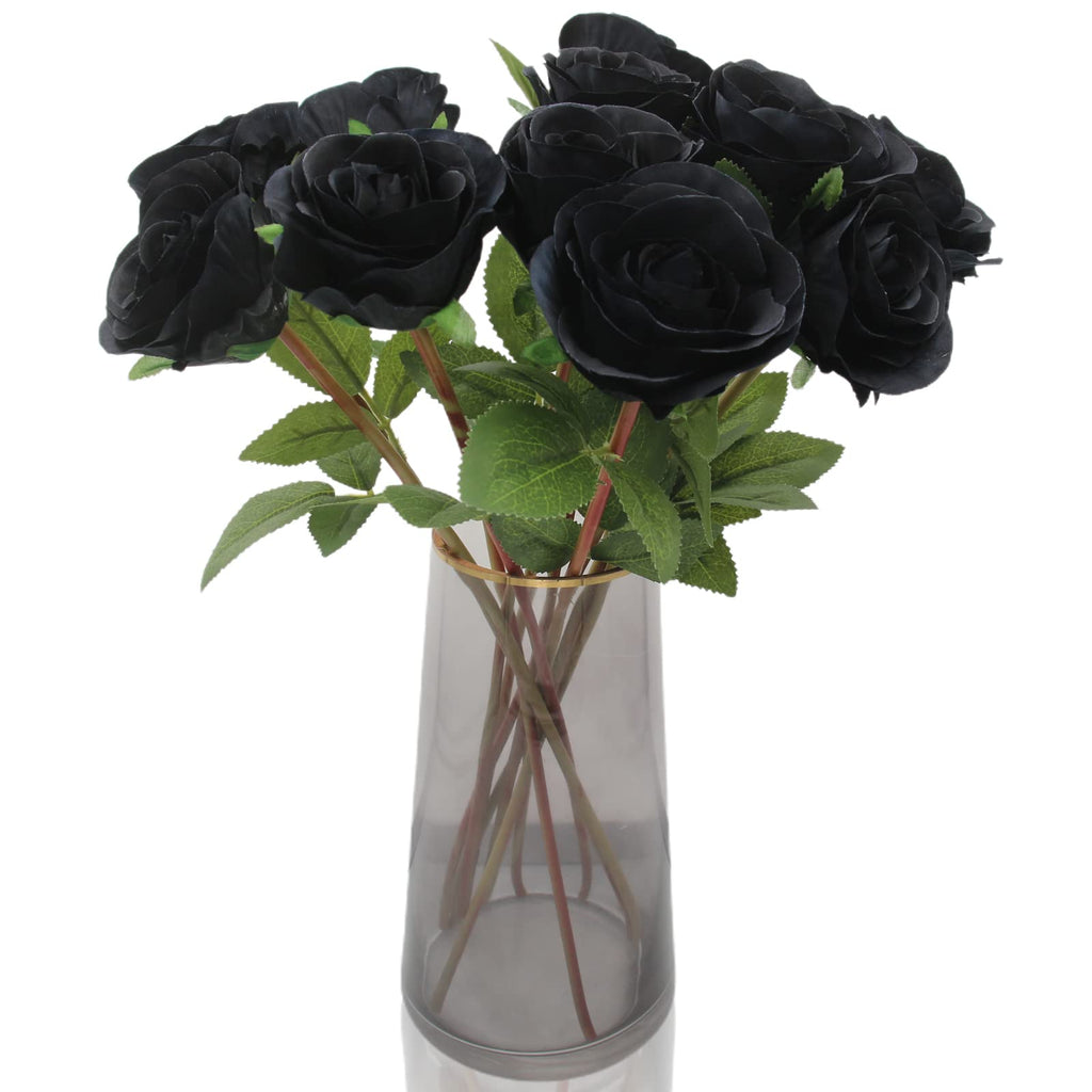 Hananona Black Artificial Roses for Flower Arrangement, 12 Pcs Silk Black Roses Bouquet for Halloween Home Decoration, Faux Blac