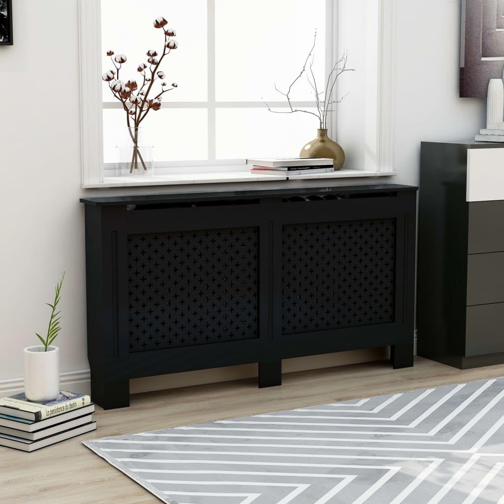 vidaXL Black Radiator Cover with Modern Slatted Design - Durable MDF Material - Easy to Assemble - Provides Additional Shelf Space