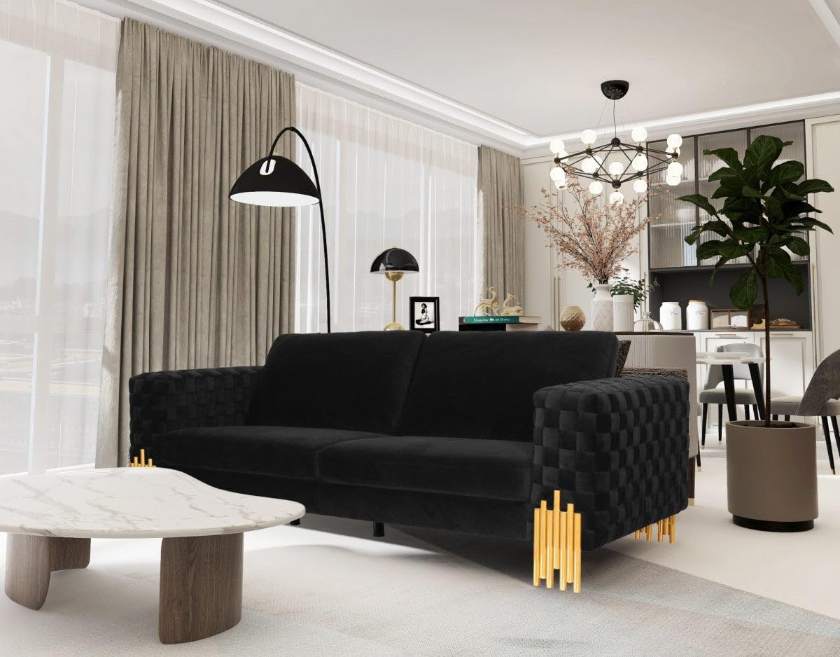 HomeRoots Black, Gold Stylish Black Velvet and Gold Accent Sofa