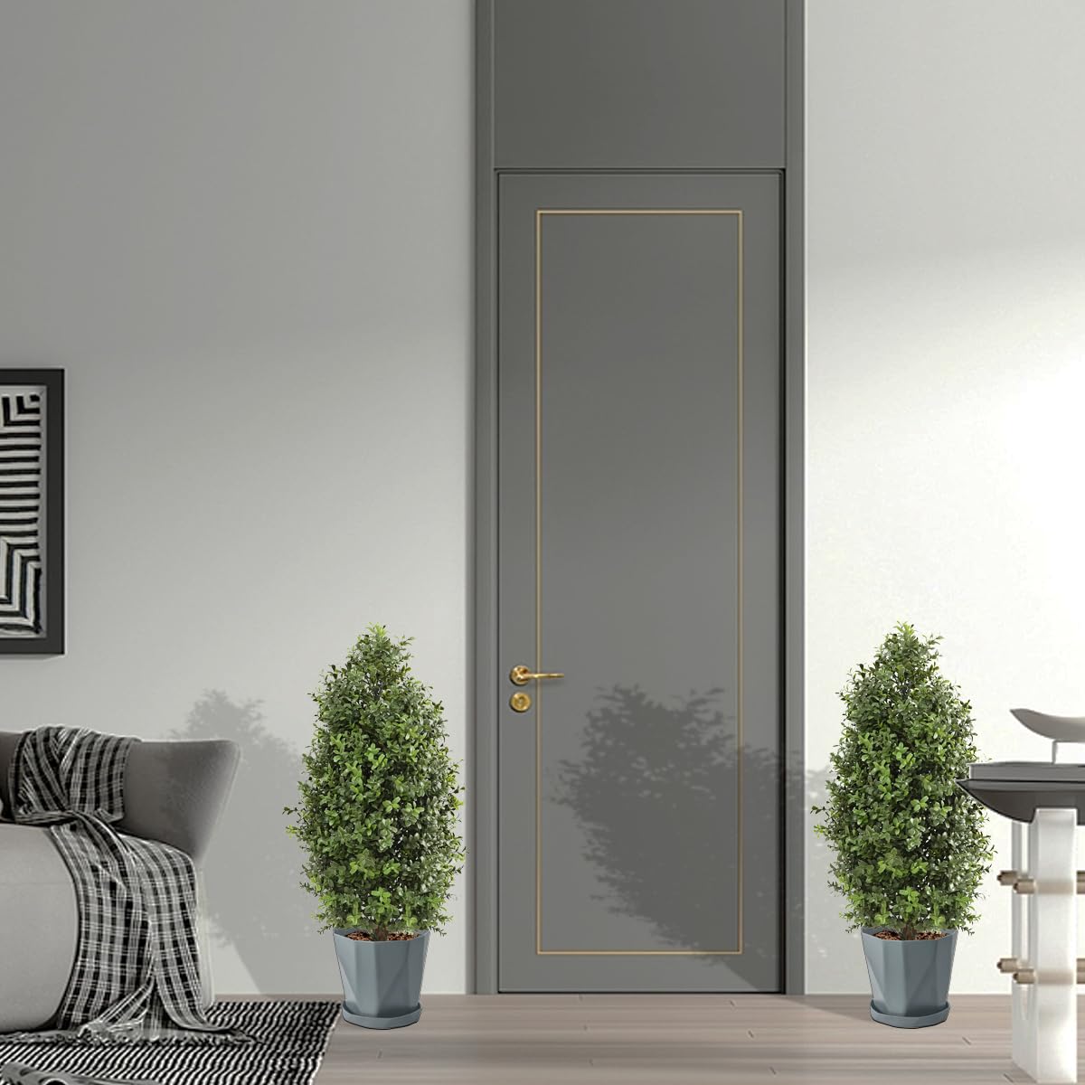 30'' Tall Artificial Boxwood Topiary, 2 Pcs Outdoor Ready Artificial Boxwood Topiaries Trees, Natural Looking Fake Potted Shrubs