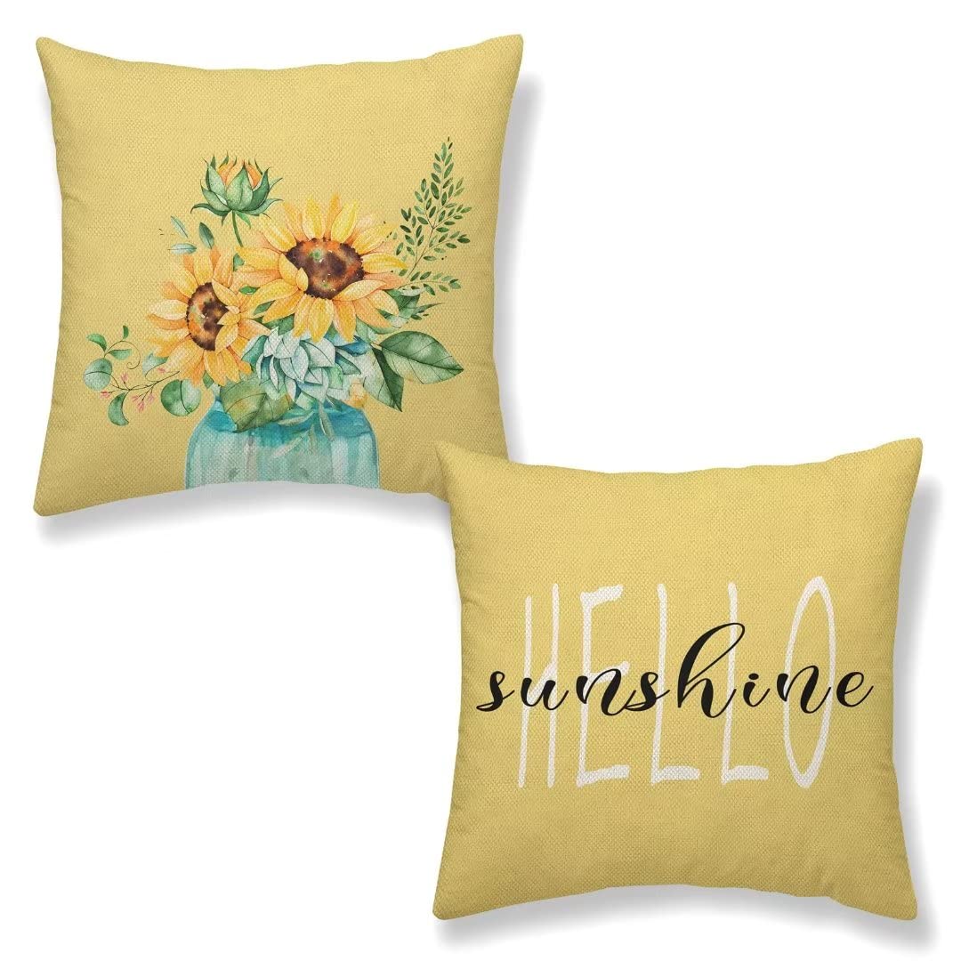 Spring Hello Sunshine Pillow Cover 16X16 Set Of 2, Summer Yellow Sunflower Throw Pillow Covers Watercolor Flower Cushion Case Fa