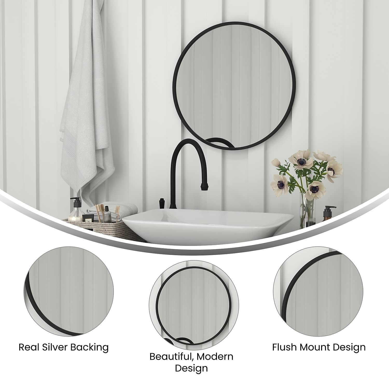 Flash Furniture Julianne Large Round Wall Mirror - Black Circle Accent Mirror - 24&quot; Vanity Mirror - For Bathroom, Vanity, Entryway, Dining Room, & Living Room