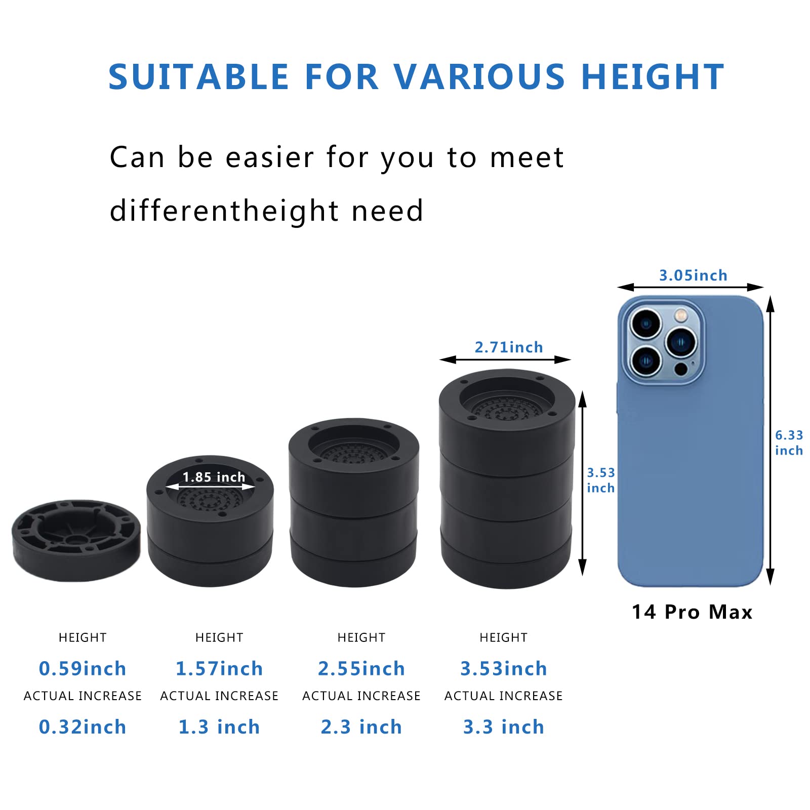 Hanihua 4 Sets Black Round Furniture Risers, Heavy Duty Bed Risers Lifts Height 1'', 2'', 3 Inch, Adjustable Bed Lifts Risers Fo