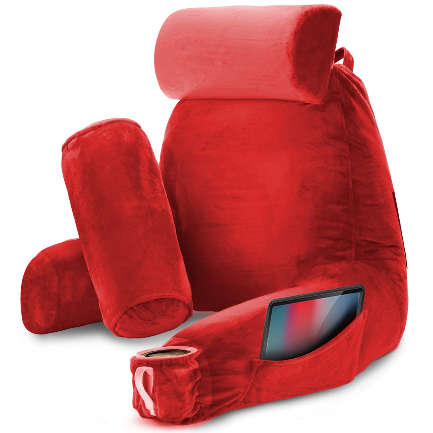 Nestl Reading Pillow Large Bed Pillow, Back Pillow For Sitting In Bed Shredded Memory Foam Chair Pillow, Reading & Bed Rest Pillows Cherry Red Back Pillow For Bed, Bed Chair Arm Pillow With Pockets