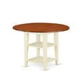East West Furniture SUPL5-BMK-C 5 Piece Dining Room Furniture Set Includes a Round Kitchen Table with Dropleaf & Shelves and 4 Linen Fabric Upholstered Chairs, 42x42 Inch, Buttermilk & Cherry