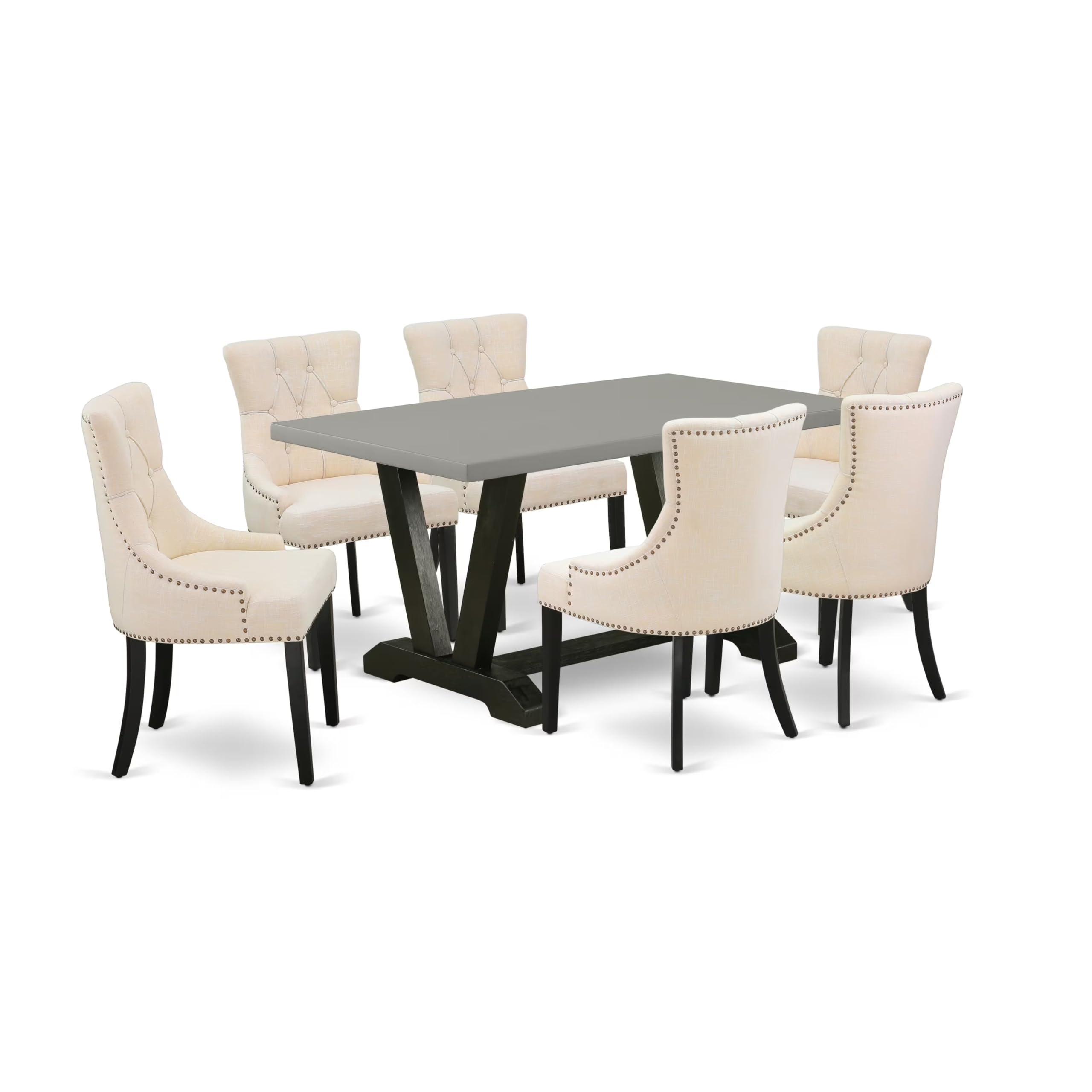 East West Furniture V696Fr102-7 7 Piece Dinette Set Consist Of A Rectangle Dining Room Table With V-Legs And 6 Light Beige Linen Fabric Upholstered Parson Chairs, 36X60 Inch, Multi-Color