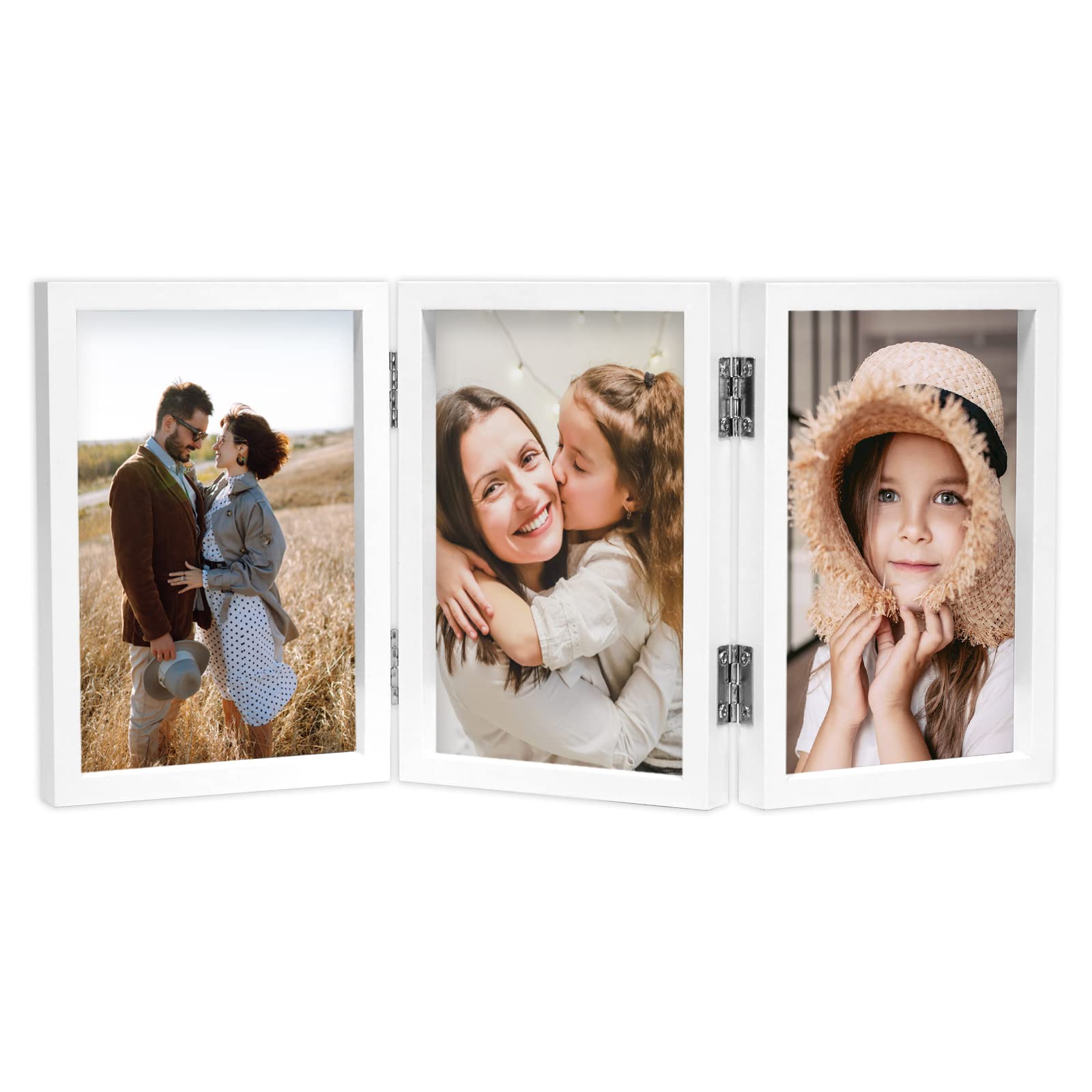 ORIVAN 4x6 Triple Picture Frame Hinged 3 Photos Folding Photo Frames with Glass Vertical Stand Frames, White