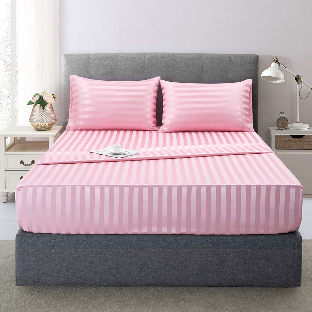 Satin-Silk Sheets Full Size Bed Set, Pink Soft Cooling Deep Pocket Sheets, Hypoallergenic, Wrinkle And Fade Resistant Bedding Se