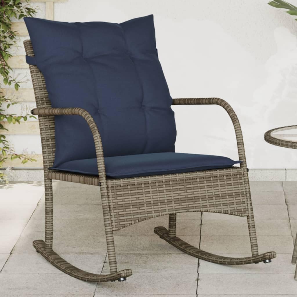 vidaXL Patio Rocking Chair with Cushions - Gray Poly Rattan, Navy Blue Cushions, Steel Frame, Garden Furniture, Weather-Resistant Outdoor Seating, 23.6&quot;x34.3&quot;x31.5&quot;