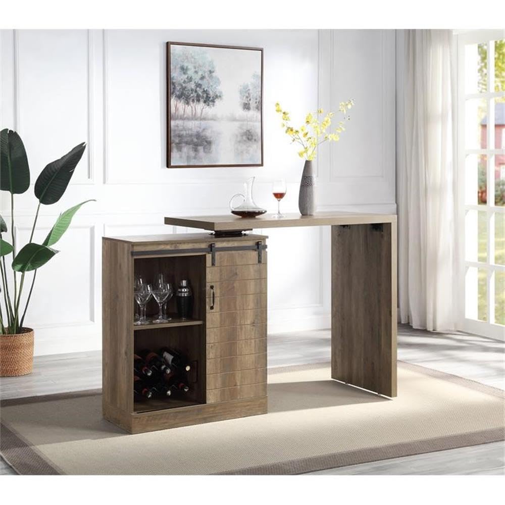 Acme Quillon Wooden Bar Table with Sliding Barn Door and Wine Rack in Rustic Oak