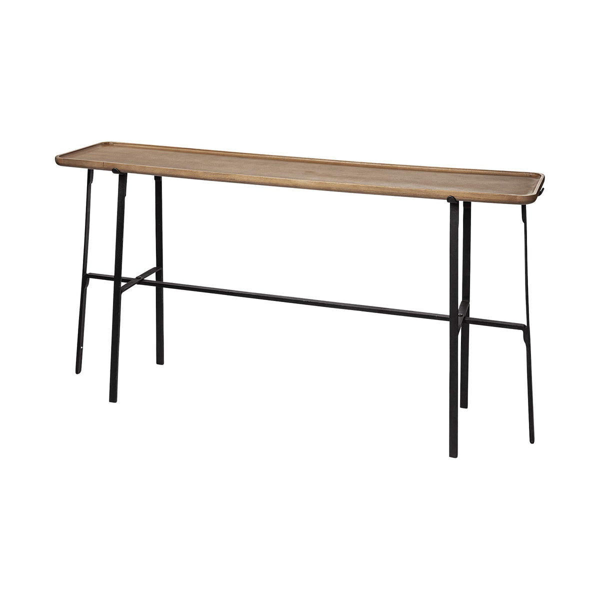 HomeRoots Light Brown, Black Wood, Metal Rectangular Light Brown Raised Edge Mango Wood Finish Console Table with Black Metal Frame and Base