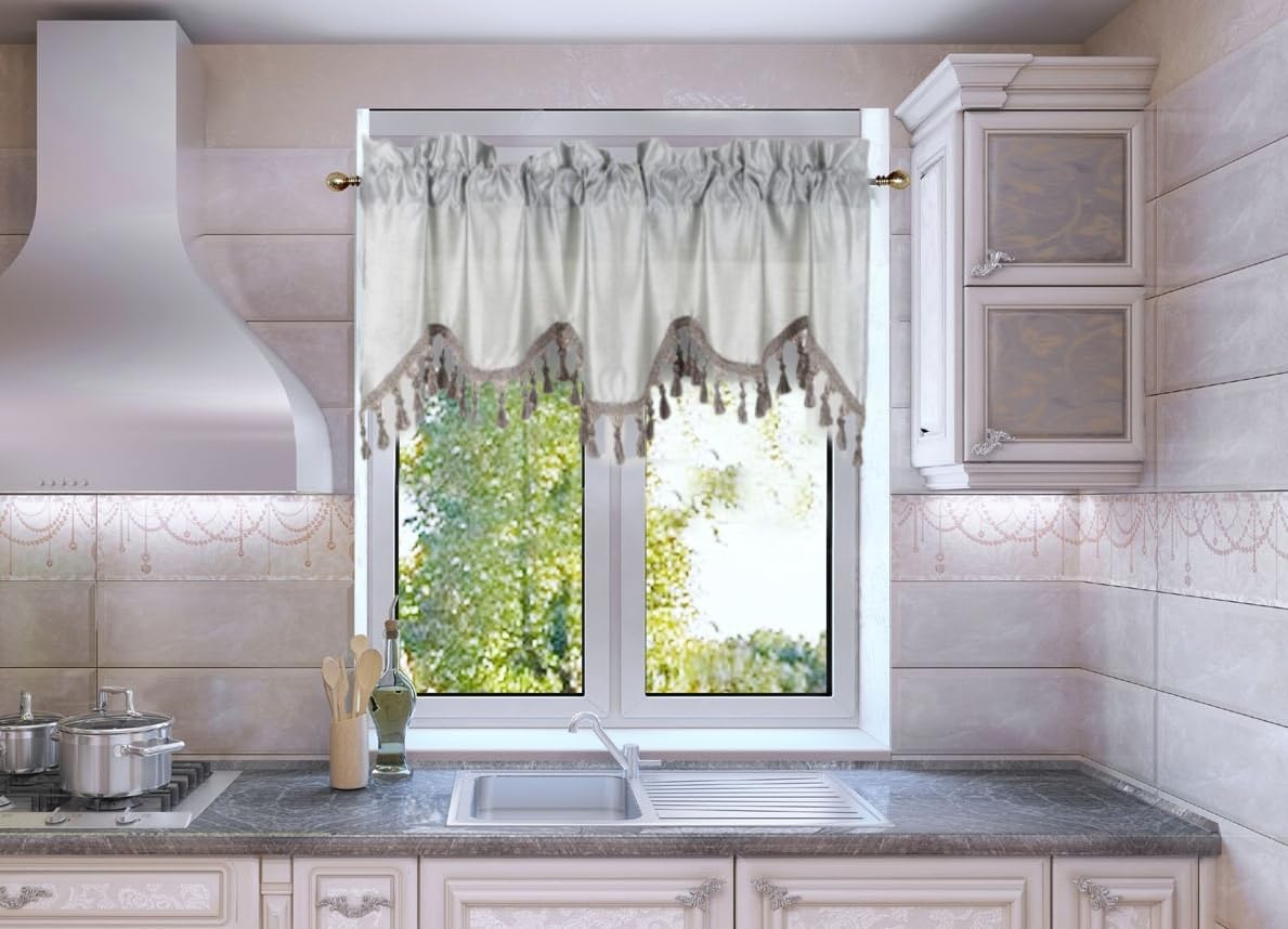 Solid Faux Silk Swag Waterfall Cascade Ascot Window Curtain Valance W/Tassels Trim 55' X18' Wave (1, Silver Gray)