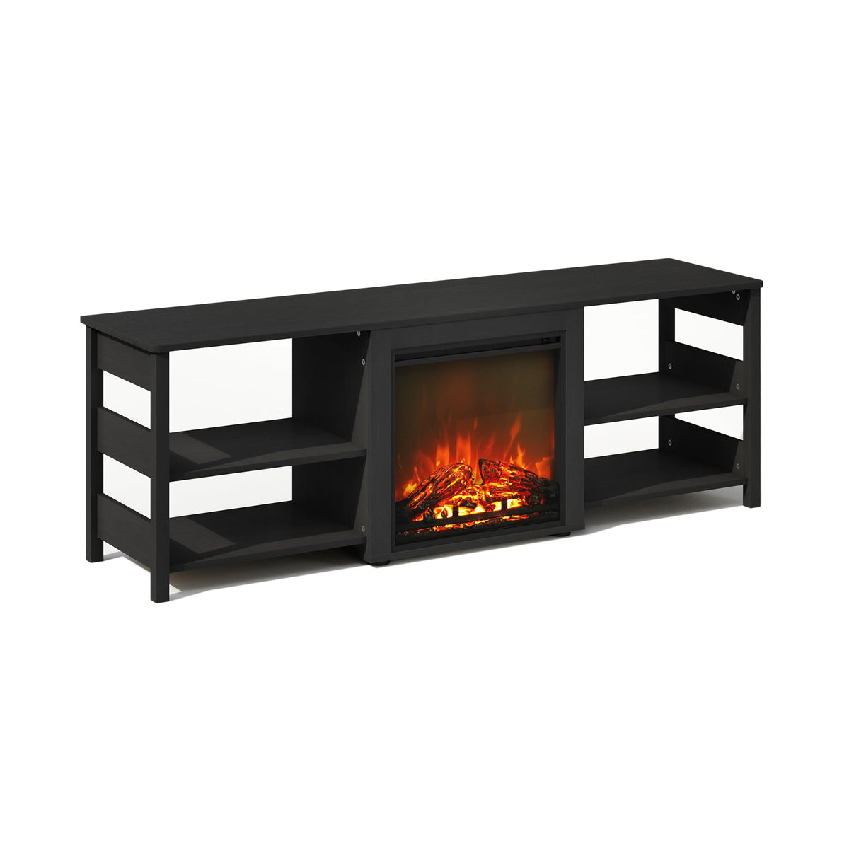 Furinno Classic No Heat Decorative Electric Fireplace Tv Stand, Entertainment Center For Tv Up To 70 Inch With Open Shelves, Americano