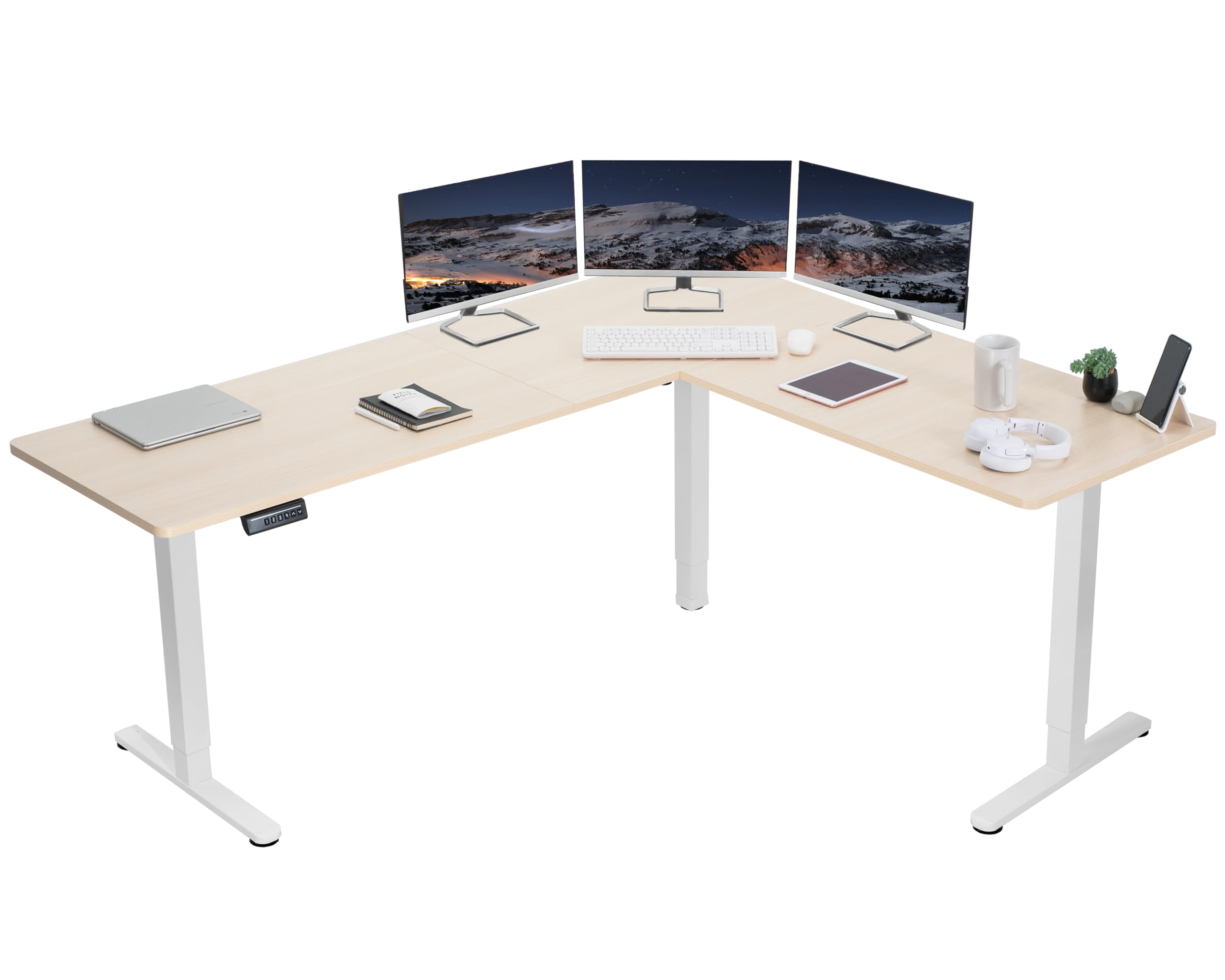 VIVO Electric Corner 75 x 63 inch L-Shaped Standing Desk, Memory Height Adjustment, Light Wood Top White Frame, DESK-E3CTC-75