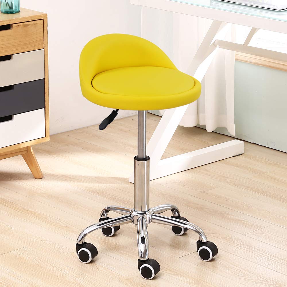 Kktoner Pu Leather Round Rolling Stool With Back Rest Height Adjustable Swivel Drafting Work Spa Task Chair With Wheels (Yellow)