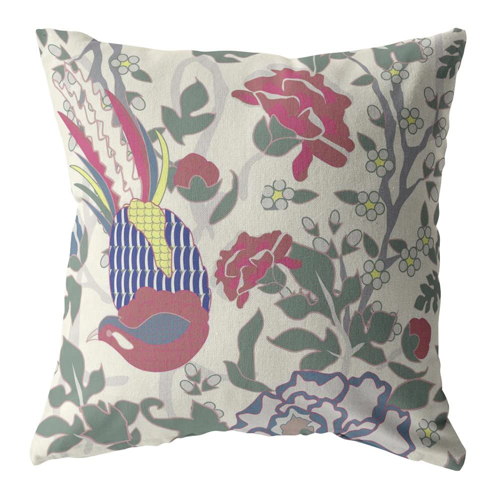 HomeRoots Burgundy On White Broadcloth 20â€ Pink Sage Peacock Indoor Outdoor Zippered Throw Pillow