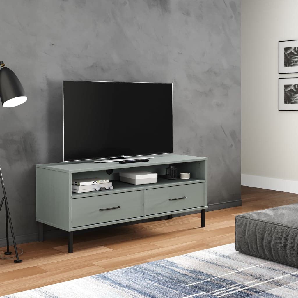 vidaXL Solid Pine Wood TV Stand with Metal Legs- Gray, 2 Drawers & Spacious Compartment, Ideal for Living Room Decor, Oslo Range