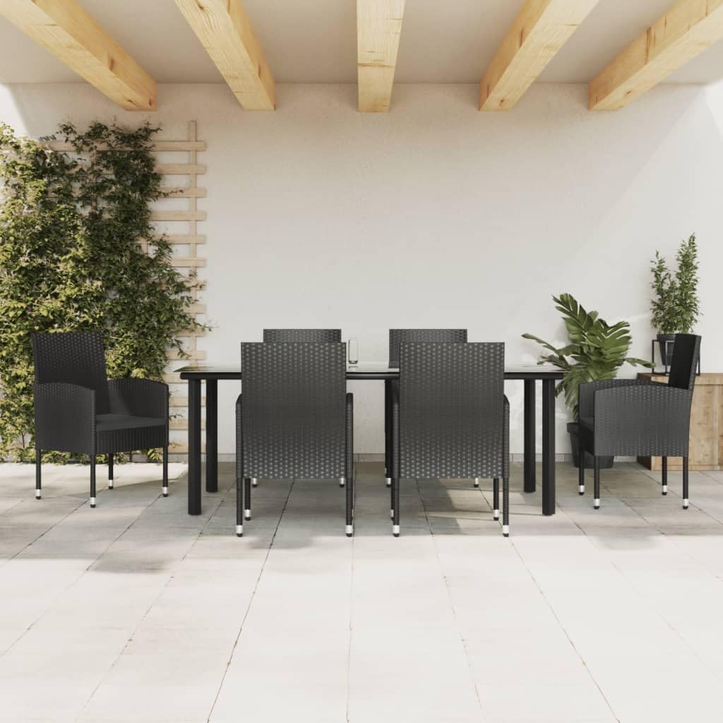 vidaXL 7 Piece Patio Dining Set in Black Poly Rattan and Steel - Comfortable Seating with Cushions for Outdoor, Garden, Backyard Dining, 3203350