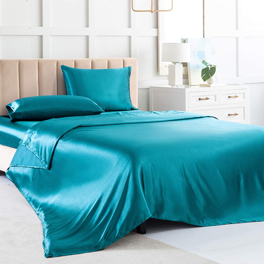 Satin Bed Sheets King Size Sheets, Teal Silk Sheets, 4 - Pieces Soft Bedding Set With 1 Deep Pocket Fitted Sheet,1 Flat Sheet,2