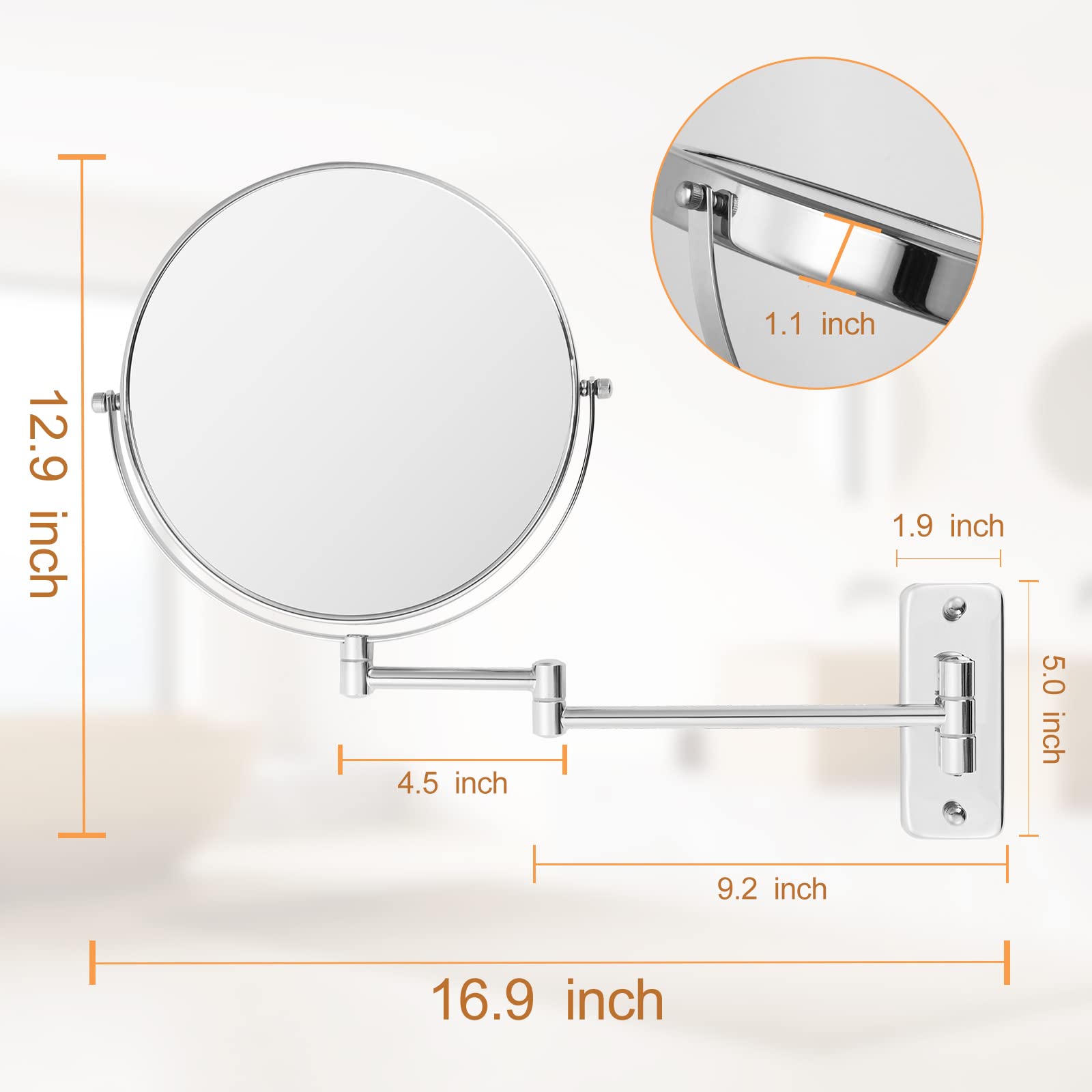 Ffowcye 9' Magnifying Wall Mounted Makeup Mirror, 1X/7X Double-Sided Bathroom Vanity Mirror, Swivel Extendable Shaving Mirror,