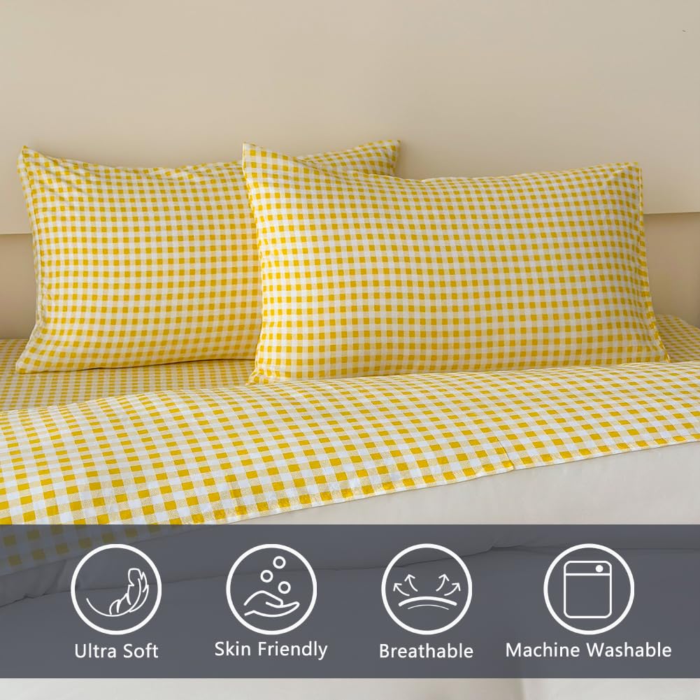 Nsnlgsgc Yellow Gingham Twin Sheet Set, Soft Brushed Microfiber Yellow Plaid Twin Bed Sheets, 3-Pieces Sheet Set With Deep Pocke