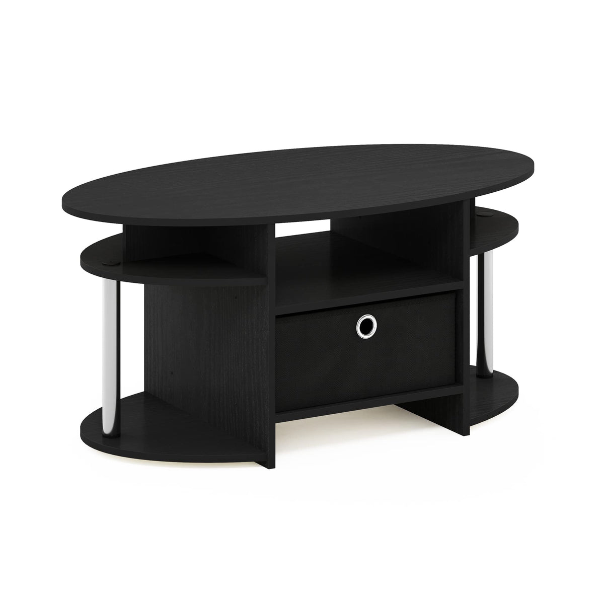 Furinno Jaya Simple Design Oval Coffee Table with Bin for Living Room, Americano/Chrome/Black