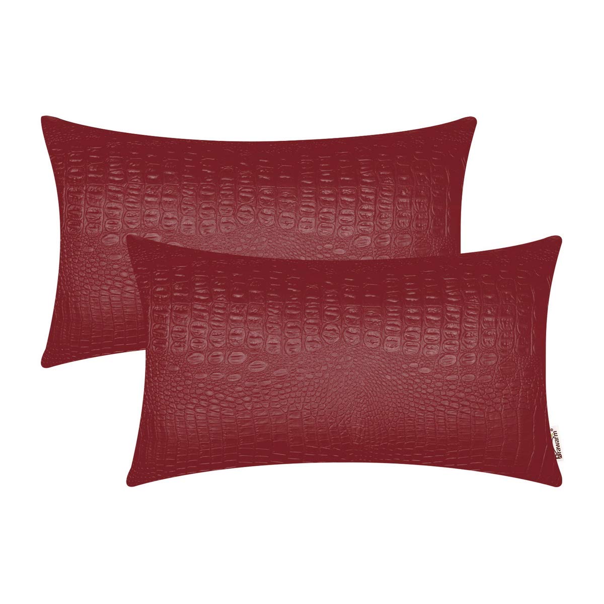 BRAWARM Faux Leather Pillow Covers 12 X 20 Inches, Deep Red Leather Pillow Covers Pack of 2, Crocodile Leather Decorative Lumbar