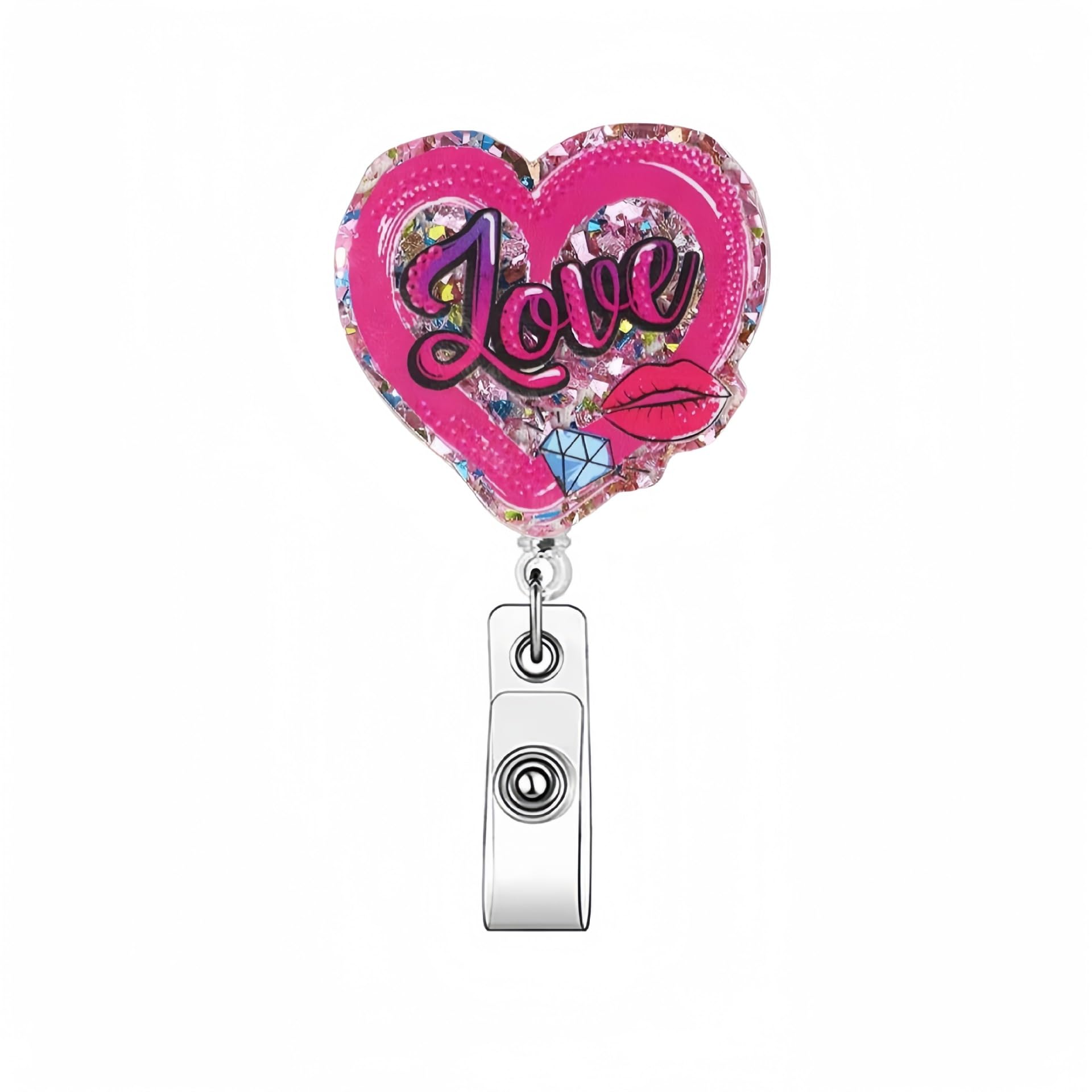 Valentine Day Badge Reel Pink Love Retractable Name Tag Alligator Clip Valentine Badge Holder Acrylic Glitter Lip Print Nursing