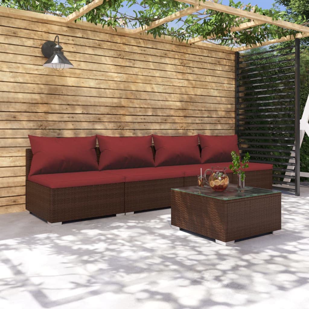 vidaXL 5-Piece Outdoor Lounge Set with Cushions- Poly Rattan Patio Furniture Set- Brown & Cinnamon Red- Versatile Modular Sofa Seating Arrangement- All-Weather Garden Decking and Balcony Set