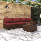 vidaXL 5-Piece Outdoor Lounge Set with Cushions- Poly Rattan Patio Furniture Set- Brown & Cinnamon Red- Versatile Modular Sofa Seating Arrangement- All-Weather Garden Decking and Balcony Set