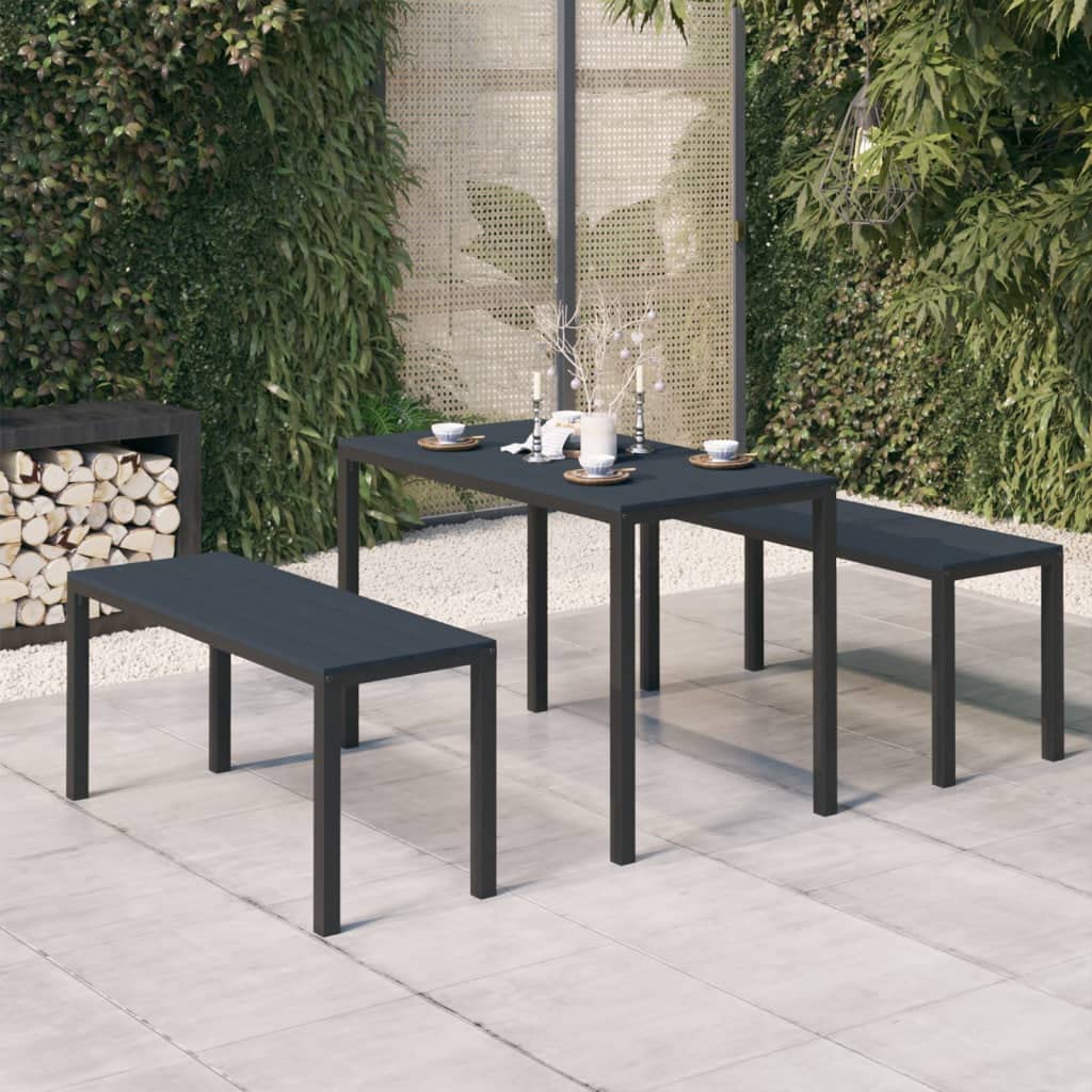 vidaXL Patio Dining Set - 3 Piece Outdoor Furniture Set with Steel and WPC Constructions, Weather-Resistant - Includes Table and 2 Benches - Black
