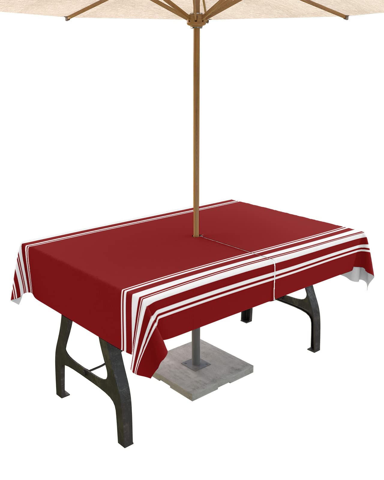 Queenker Outdoor Tablecloth With Umbrella Hole, Farmhouse Wine Red White Stripe Rectangle Tables Waterproof Tabletop Collection