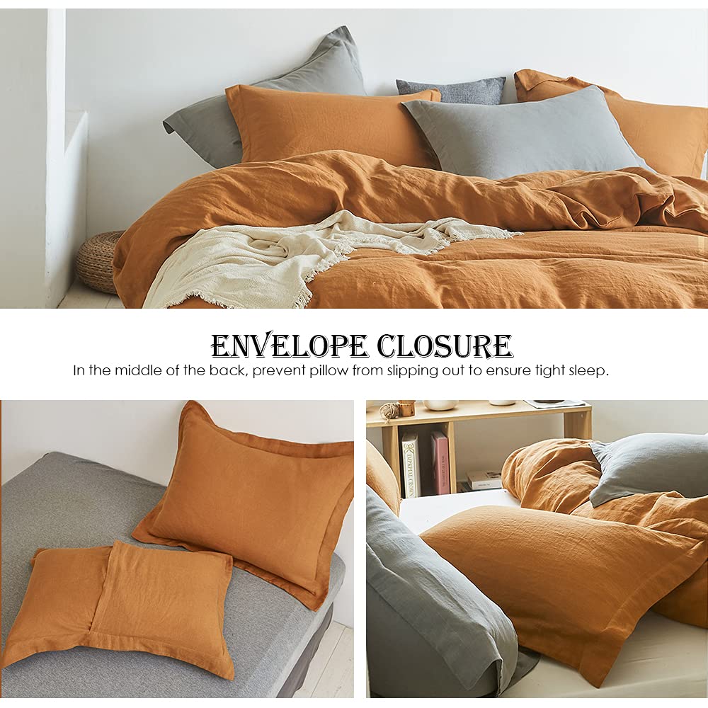 Simple&Opulence 100% Linen Duvet Cover Set 3Pcs Basic Style Natural French Washed Flax Solid Color Soft Breathable Farmhouse Bedding With Button Closure - Rust, King