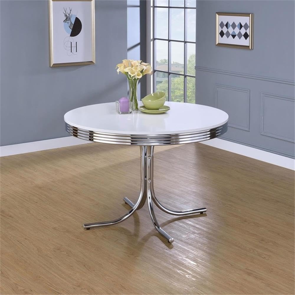 Coaster Home Furnishings Retro 1950s Soda Fountain Diner Round Dining Room Table White Laminate Top Sturdy Steel Chrome Base 2388