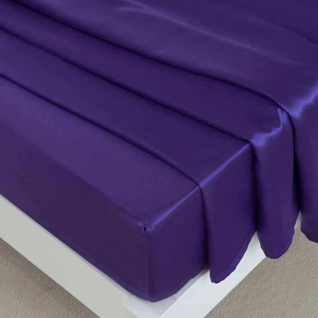 GOLAL Queen Satin Bed Sheets Set - 4 Pieces Luxury Soft Dark Purple, Wrinkle-Free with Fitted, Flat Sheet & Pillowcases