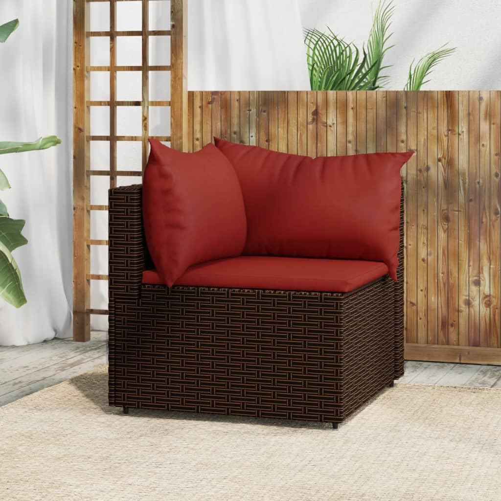 vidaXL Patio Corner Sofa with Cushions - Outdoor Furniture with Sturdy Steel Frame and Weather-Resistant Poly Rattan - Brown and Red
