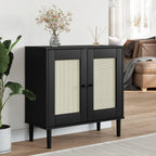 vidaXL SENJA Black Solid Pine Wood Sideboard with UV Varnish Finish and Rattan Look Surface - Ample Storage and Sturdy Top for Display