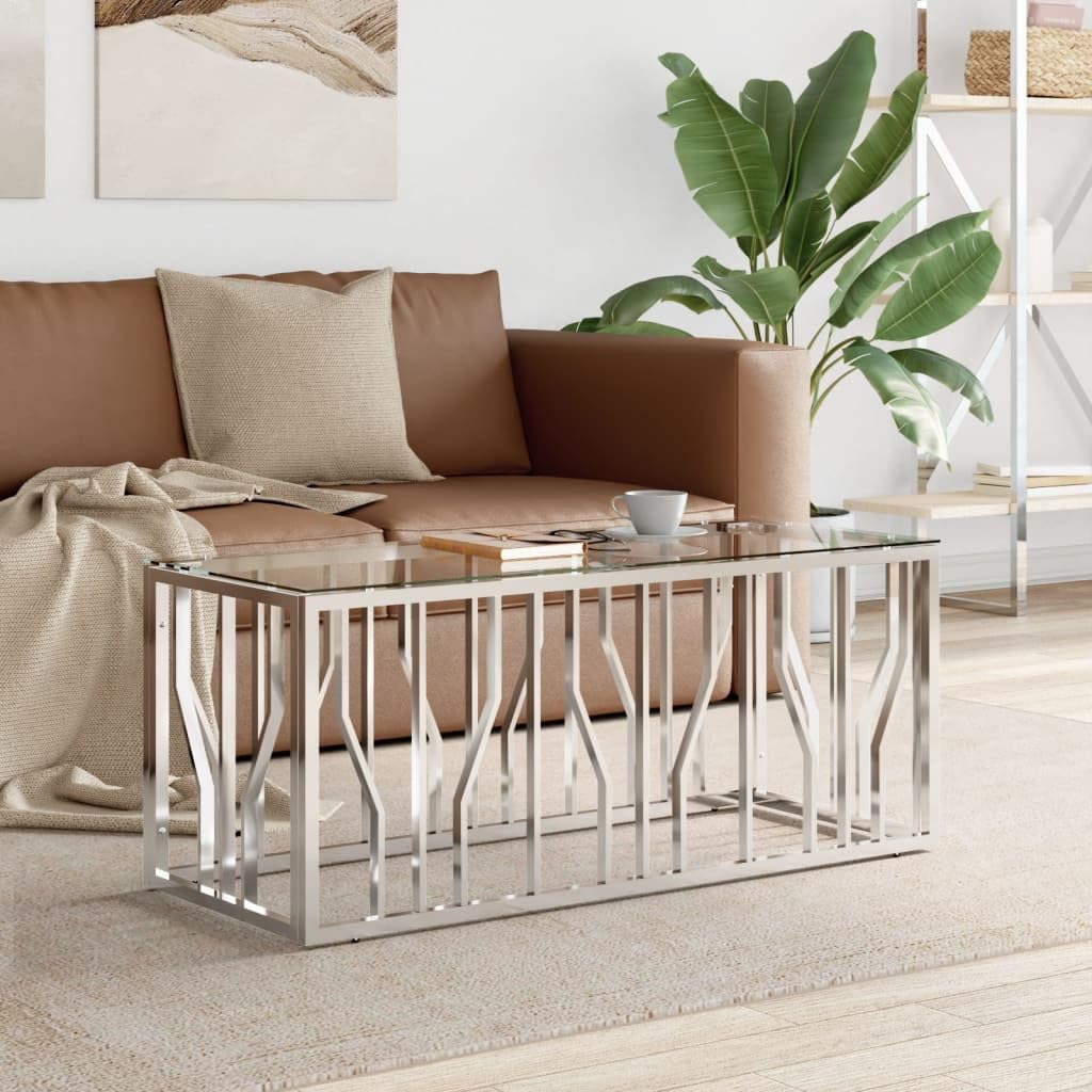 vidaXL Stainless Steel and Glass Coffee Table - Modern Silver Rectangular Side Table for Living Room - Durable, Rust-Resistant, and Easy to Clean