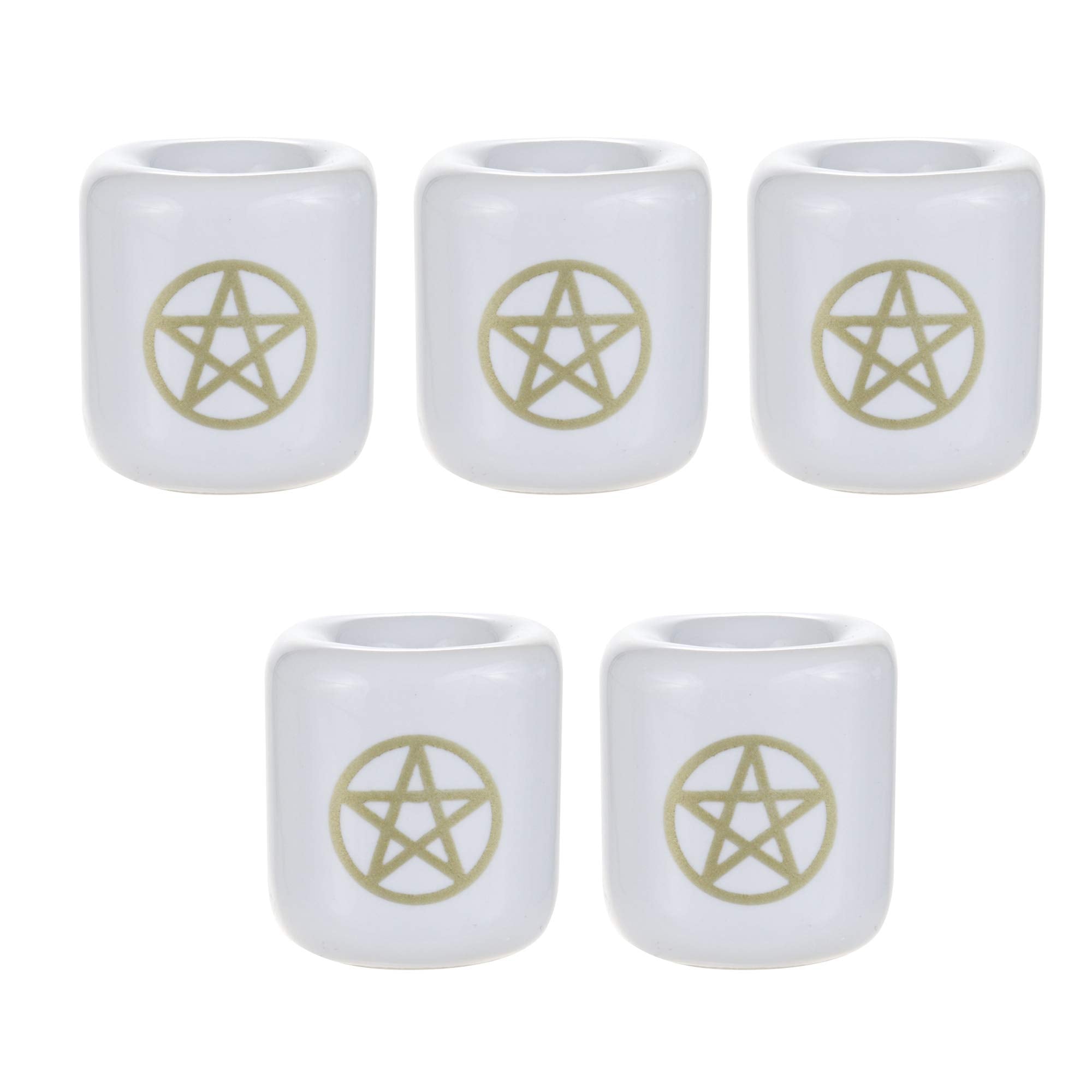 Mega Candles - 5 pcs Ceramic Gold Pentacle Chime Ritual Spell Candle Holder - White