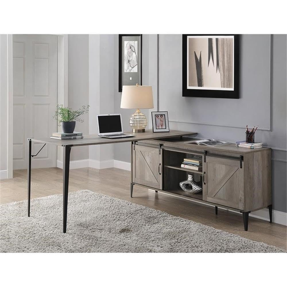 Acme Zakwani Wooden Storage Writing Desk with 2 Barn Doors in Gray Oak and Black