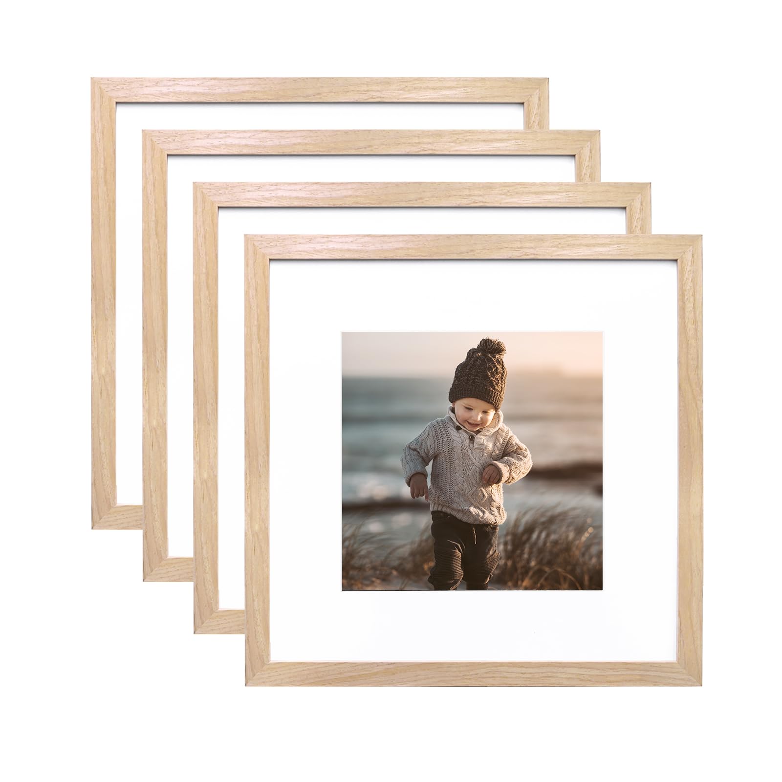 KINLINK 12x12 Picture Frames, Square Natural Wood Frames with Acrylic Plexiglass for Pictures 8x8 With Mat, Wall Mounting Displa