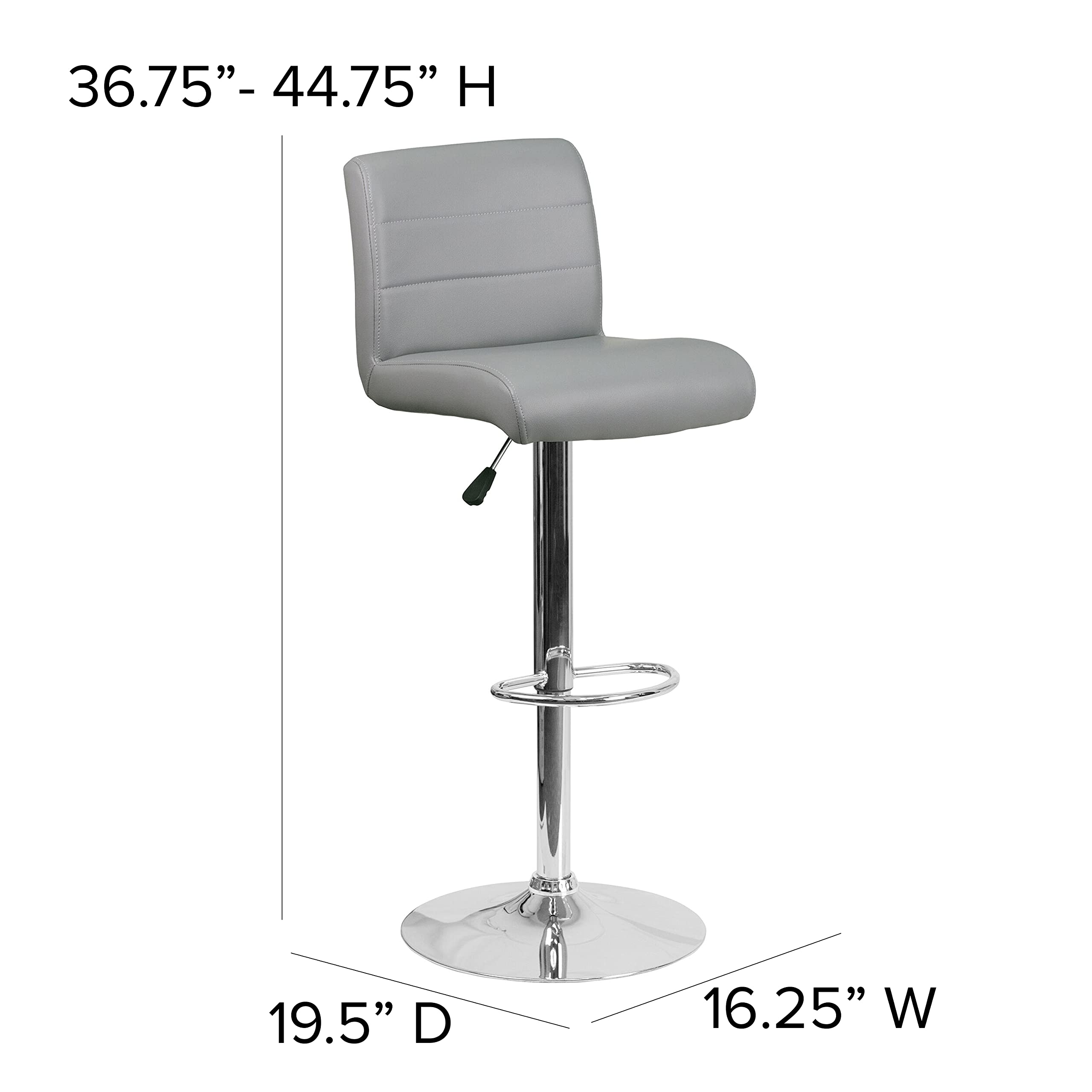 Flash Furniture Contemporary Gray Vinyl Adjustable Height Barstool with Rolled Seat and Chrome Base